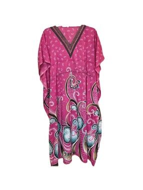 Boho Caftan Muumuu One Size Pink White Paisley Dress Vneck Swim Cover Resort EUC